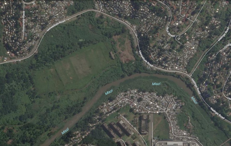 Satellite image of the Mlazi River in Chatsworth on 28 March 2022, before the floods