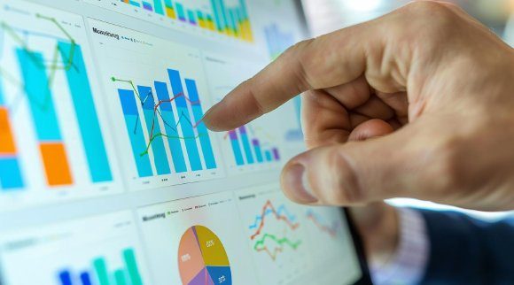 Analytics dashboards on a screen